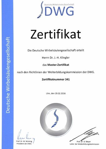 Master-Zertifikat der DWG an Dr. J.-H. Klingler 2016