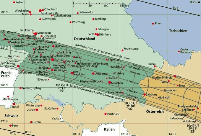 Verlauf und Dauer der totalen Sonnenfinsternis am 11.8.1999 in Süddeutschland.