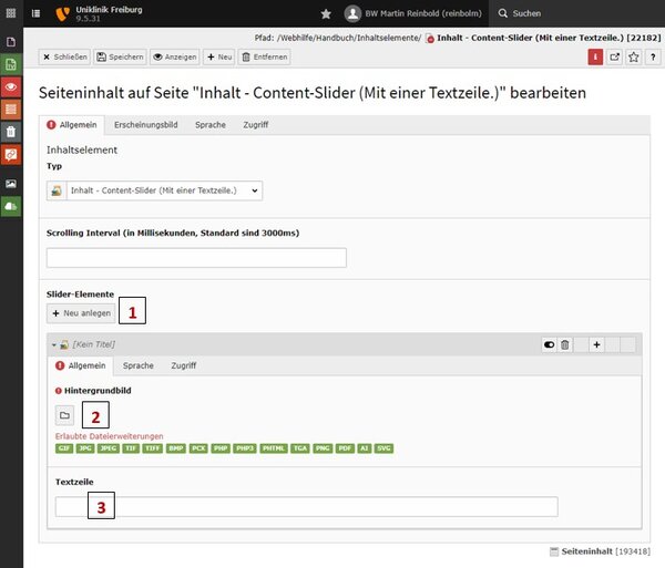 Backend Inhalt - Content-Slider (Mit einer Textzeile.)