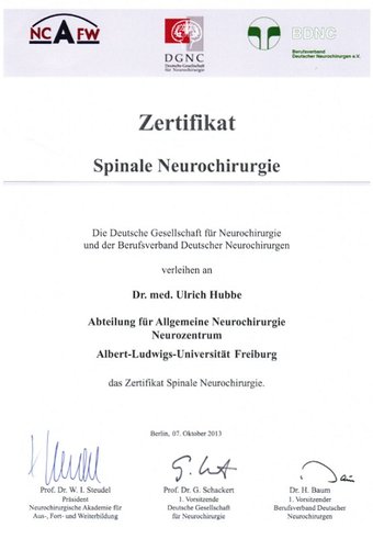 Zertifikat 'Spinale Neurochirurgie' an Dr. U. Hubbe 2013
