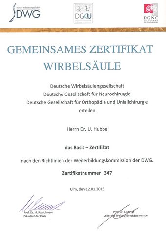 Gemeinsames Zertifikat Wirbelsäule an Dr. U. Hubbe 2015