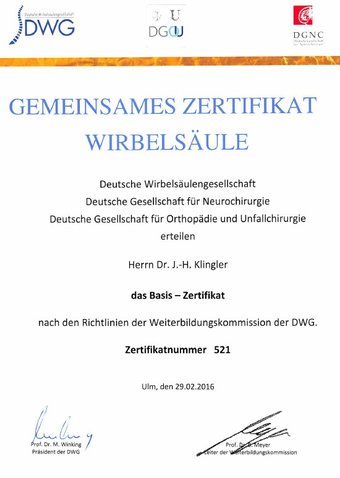 Gemeinsames Zertifikat Wirbelsäule an Dr. J.-H. Klingler 2016