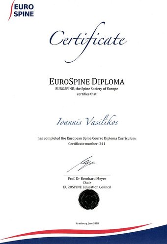 EUROSPINE Wirbelsäulen-Diplom an Dr. I. Vasilikos
